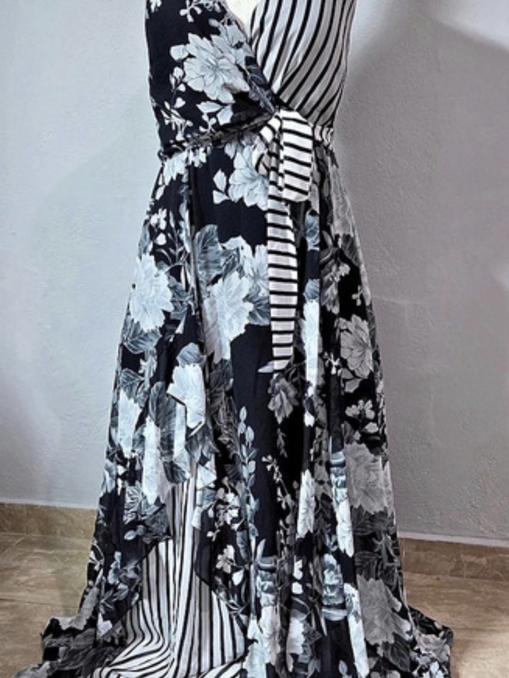INC International Concepts Mixed-Print Faux-Wrap Maxi Dress Floral Striped Black